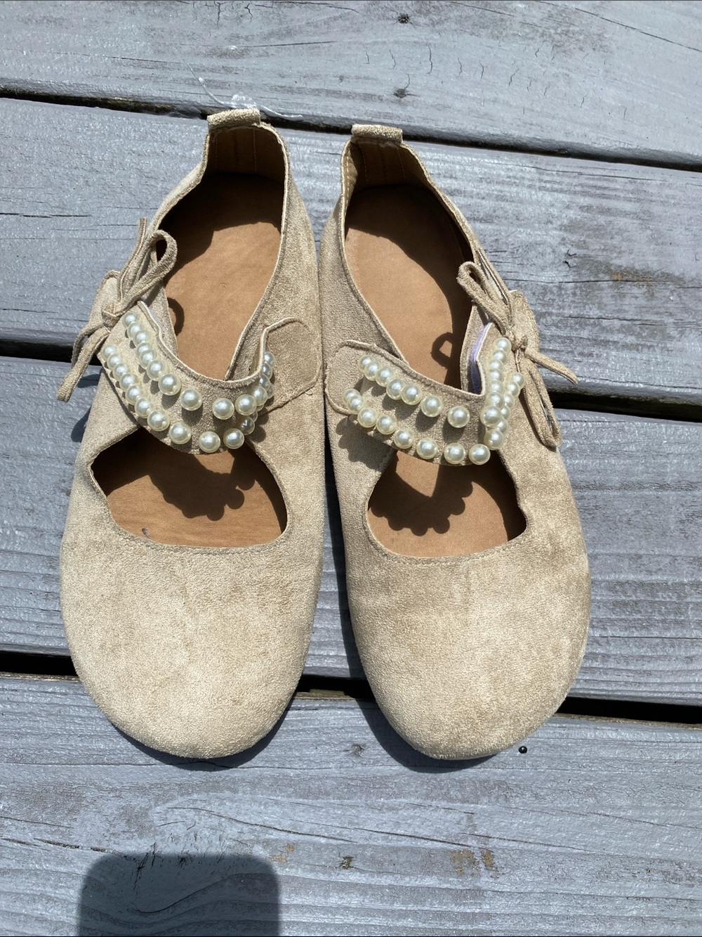 4/$20 tan flats with beaded Velcro strap